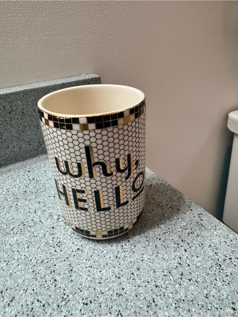 Anthropologie bistro tile stoneware "Why Hello" bathroom cup 24k gold accent